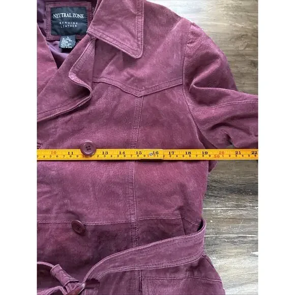 Vintage Neutral Zone Red Suede Leather Short Trench Coat Belted NWOT Women